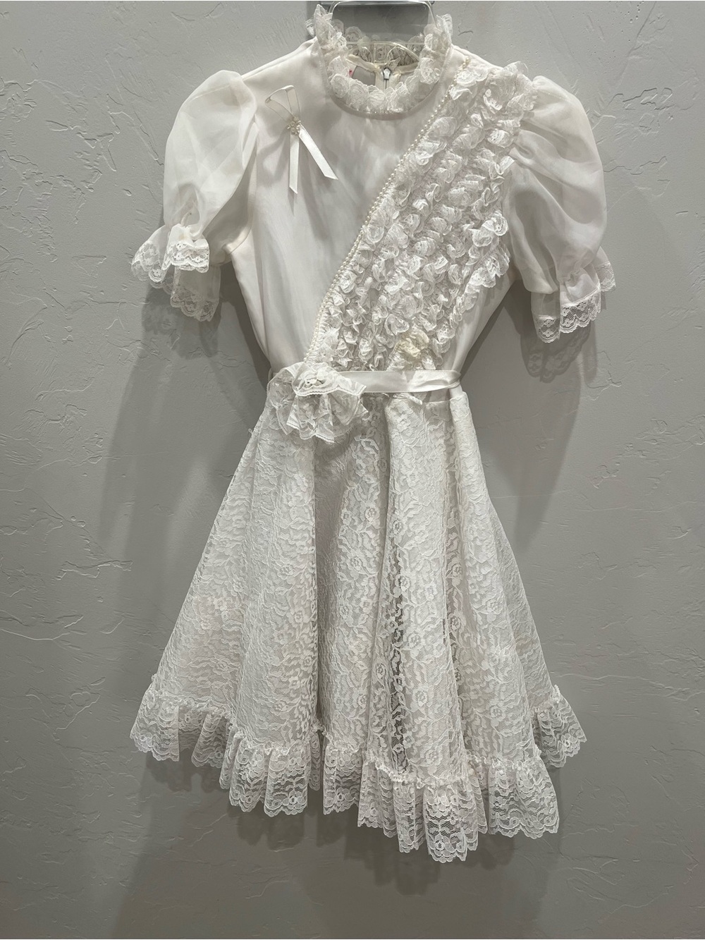 Vintage White 80s Merry Girl Party Dress Size 12 Lace Pearl Trim